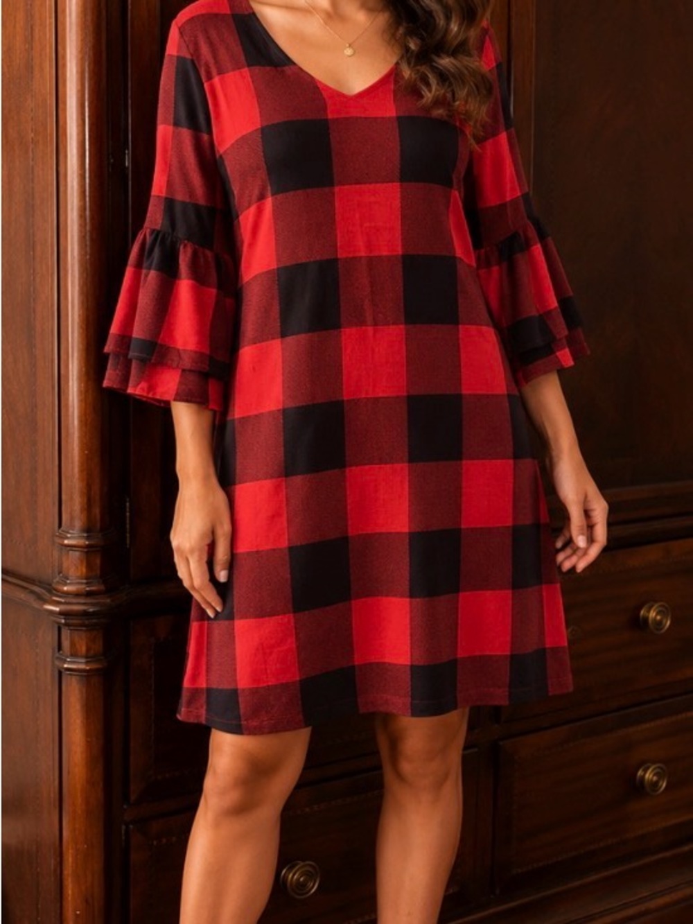 Red and Black Buffalo Plaid V-Neck Ruffle Sleeve Mini Dress